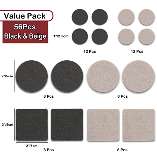 Yelanon Felt Furniture Pads -56 Pcs(1+2)” Premium Felt Pads for Chair Legs Furniture, Floor Protectors for Hardwood Floors,Beige & Black - size: 56 pcs 1" & 2" Mixed Black & Beige