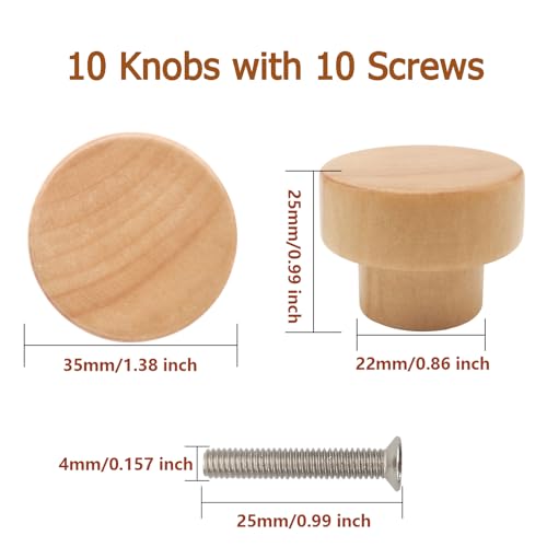 10PCS Wood Knobs Flat Top Round Cabinet Knobs Natural Wooden Dresser Drawer Pulls (Diameter: 35mm/1.38 inch, Height: 25mm/0.99 inch) - color: Flat Top Natural, size: 10 Pieces
