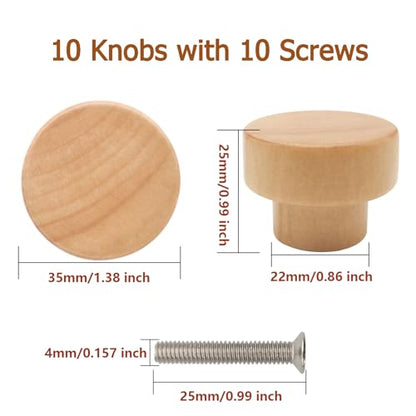 10PCS Wood Knobs Flat Top Round Cabinet Knobs Natural Wooden Dresser Drawer Pulls (Diameter: 35mm/1.38 inch, Height: 25mm/0.99 inch) - color: Flat Top Natural, size: 10 Pieces
