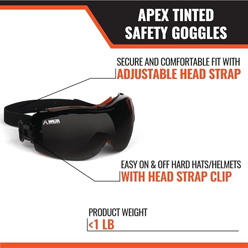 Malta Dynamics APEX Safety Goggles - ANSI Z87 Fog Resistant Safety Goggles for Construction, Anti Scratch Protective Eyewear - color: Tinted, size: 1 Pack