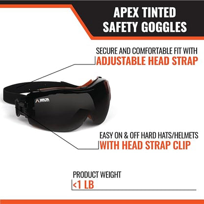 Malta Dynamics APEX Safety Goggles - ANSI Z87 Fog Resistant Safety Goggles for Construction, Anti Scratch Protective Eyewear - color: Tinted, size: 1 Pack