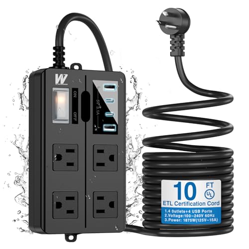 10FT Outdoor Waterproof Power Strip Surge Protector with 4AC Outlets 4USB Ports Power Switch Safety Lock, ETL Certified for Patio Garden Charging - color: 4 Outlets (10FT) Black, size: 10FT
