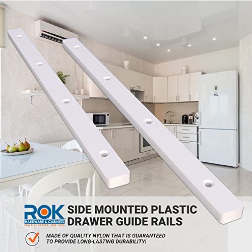 5 Pairs of Rok Hardware Side Mounted 11-1/4" (285.5mm) Screw-On, Plastic Drawer Rails/Guide Rails with 3/4" Extension, for Drawers with 21/32" (17mm) Groove, White Finish, D10751034