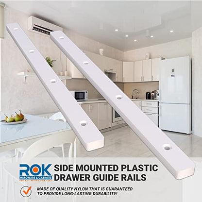 5 Pairs of Rok Hardware Side Mounted 11-1/4" (285.5mm) Screw-On, Plastic Drawer Rails/Guide Rails with 3/4" Extension, for Drawers with 21/32" (17mm) Groove, White Finish, D10751034
