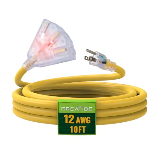 10 Ft Lighted Outdoor Extension Cord with 3 Electrical Power Outlets - 12/3 SJTW Heavy Duty Yellow Extension Cable with 3 Prong Grounded Plug for Safety, UL Listed - color: Yellow, size: 10ft