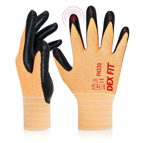 DEX FIT Nitrile Work Gloves FN330, 1 Pair, 3D-Comfort Stretchy Fit, Firm Grip, Thin & Lightweight, Touch-Screen Compatible, Durable, Breathable & Cool, Machine Washable; Orange S (7) - color: Orange, size: Small(1 Pair)