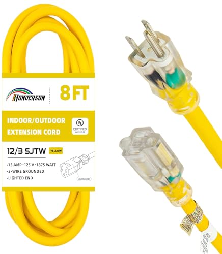 Indoor Outdoor Extension Cord Weatherproof with Lighted End, UL Certified, 12 Gauge 8FT Yellow 3 Prong Heavy Duty, 12/3 SJTW 15A Power Cord for Outdoor Lights, Lawn - size: 8FT, style: 12/3