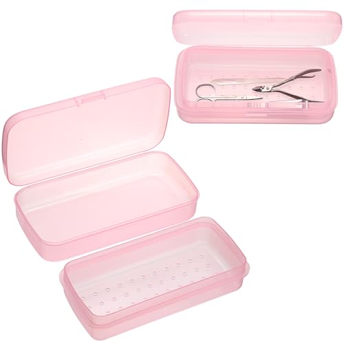JUXYES 2 PCS Plastic Sterilizing Tray for Nail Art Accessories Tools, Portable Nail Art Tool Sterilizer Tray with Strainer, Fully Transparent Storage Box Organizer for Tweezer Manicure Tools - color: Pink, size: Pack of 2