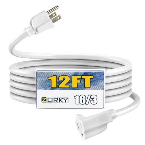 12ft Outdoor Extension Cord - 16/3 Heavy Duty SJTW Waterproof White Electrical Cable with 3 Prong Grounded Plug for Safety, Great for Lawn and Major Appliances - color: White, size: 12ft