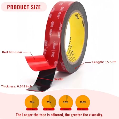 Double Sided Tape Heavy Duty, Adhesive Mounting Tape, 1 in x 15.5 ft, Waterproof Foam Tape for Indoor, Outdoor, Automotive Trim, Garage, LED Strip Lights, Home Decor