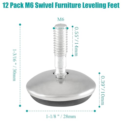 Bivethoi 12 Pack M6 Swivel Furniture Leveling Feet, Adjustable Table Leg Levelers, Heavy Duty Sofa Feet with T Nut, Threaded Swivel Foot Pads, Chair Glides, 1-3/16 Inch OD - size: M6 (1-3/16 inch)