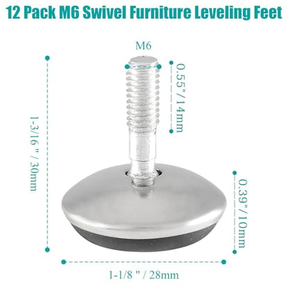 Bivethoi 12 Pack M6 Swivel Furniture Leveling Feet, Adjustable Table Leg Levelers, Heavy Duty Sofa Feet with T Nut, Threaded Swivel Foot Pads, Chair Glides, 1-3/16 Inch OD - size: M6 (1-3/16 inch)