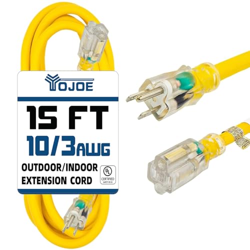 YOJOE Indoor Outdoor Extension Cord with Lighted End, 3 Prong 15A Weatherproof Power Cord, 10 Gauge Heavy Duty 15 ft Yellow Extension Cord for Garage, Garden and Home, 10/3 SJTW UL Listed - color: Yellow, size: 15 Foot