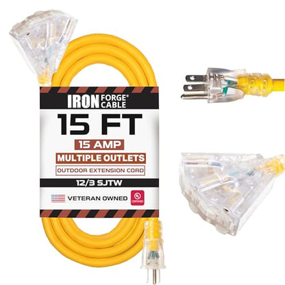 IRON FORGE CABLE 15 Foot Lighted Outdoor Extension Cord with 3 Electrical Power Outlets - 12/3 SJTW Heavy Duty Yellow Extension Cable with 3 Prong Grounded Plug for Safety - size: 15 Foot, style: 1 Pack