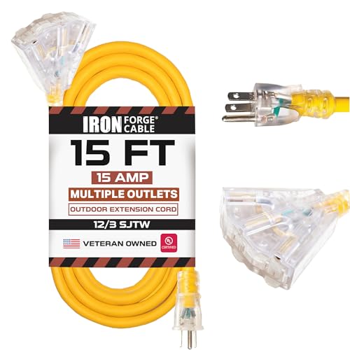 IRON FORGE CABLE 15 Foot Lighted Outdoor Extension Cord with 3 Electrical Power Outlets - 12/3 SJTW Heavy Duty Yellow Extension Cable with 3 Prong Grounded Plug for Safety - size: 15 Foot, style: 1 Pack