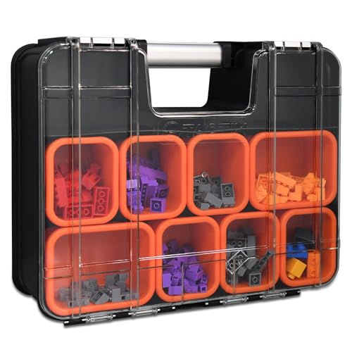TACTIX Double-Sided Tool Organizer, Toolbox with 8-Storage Bins & 14 Adjustable Dividers & Transparent Lids, Portable Hardware Storage Box for Screws, Nuts, Fishing Accessories (Black&Orange) - style: Double Sided Tool Box