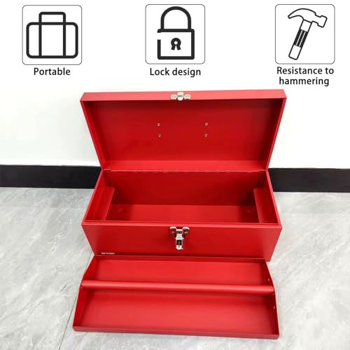 16" Portable Steel Heavy-duty Large Tool Box 18-Gauge Fishing Tackle Box Tool Box Drawer Organizer With Metal Latch and Handle Red - color: Red