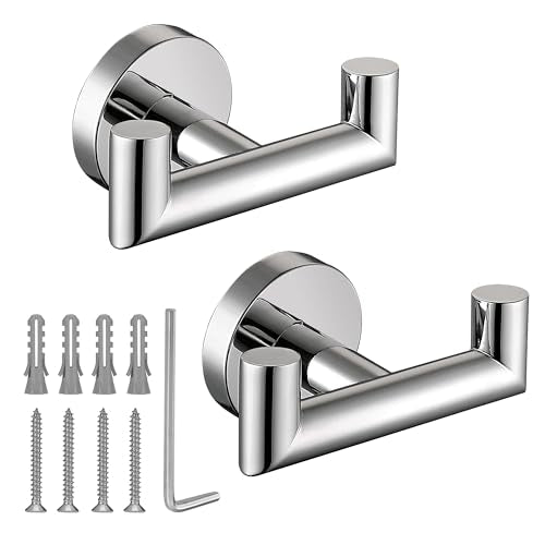 Towel Hooks for Bathrooms,Polished Chrome Towel Hook for Kitchen Bathroom,SUS304 Stainless Steel Coat Hook,Heavy Duty Double Towels Holder Hooks for Hanging Towels,Coats,Clothes,Wall Mount,2 Pack - color: Polished Chrome, size: 2 Pack