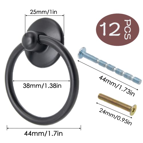 12pcs Black Round Ring Cabinet Drawer Pulls, Zinc Alloy Handles, Single Hole Dresser Pulls Knobs, Black Handles Hardware - color: 12pcs Black