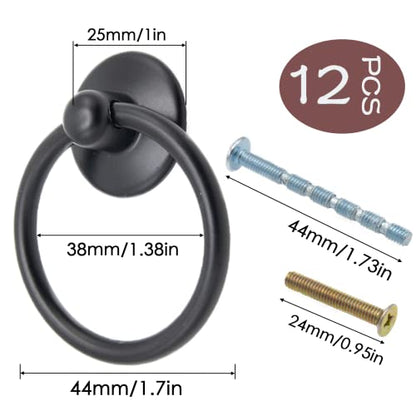 12pcs Black Round Ring Cabinet Drawer Pulls, Zinc Alloy Handles, Single Hole Dresser Pulls Knobs, Black Handles Hardware - color: 12pcs Black