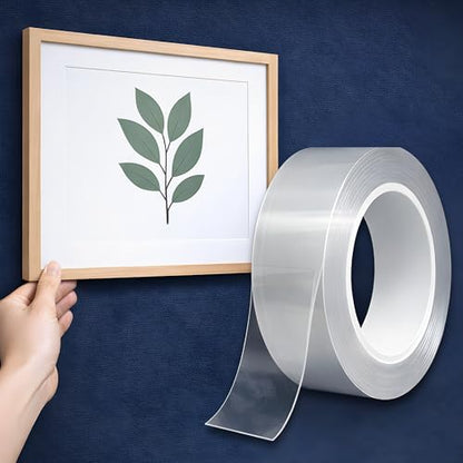 Double Sided Mounting Tape Heavy Duty - 2 in x 16 ft Clear Two Sided Nano Tape for Walls, 2mm Thick Adhesive for Picture Hanging, Reusable, Heat Resistant