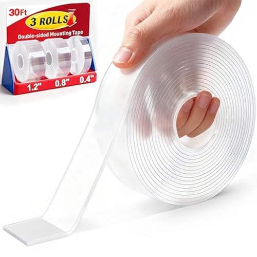 Double Sided Tape Heavy Duty Removable Clear: 3 Rolls Extra Strong Nano Tape Double Sided Adhesive Strips, Clear Mounting Tape Removable Two Sided Adhesive Tape for Walls/Posters/Rug/Picture Hanging