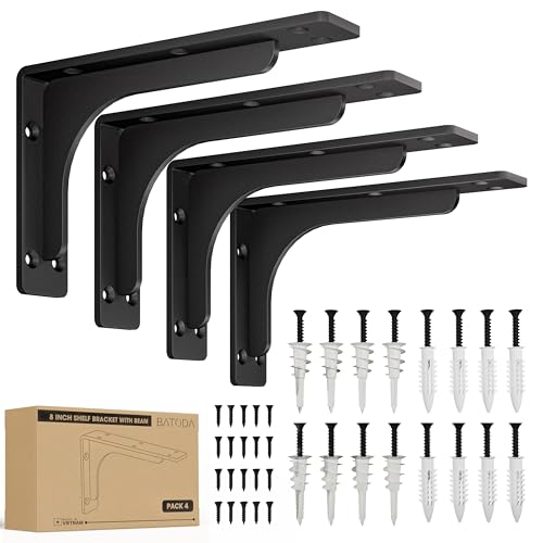 BATODA 8" x 5" L Bracket with Beam - Shelf Brackets Black 300 Lbs Capacity - Heavy Duty Shelving Brackets for Floating Shelves - Wall Mounted Support for DIY – Mounting Hardware Included (Pack 4) - size: 8 Inch