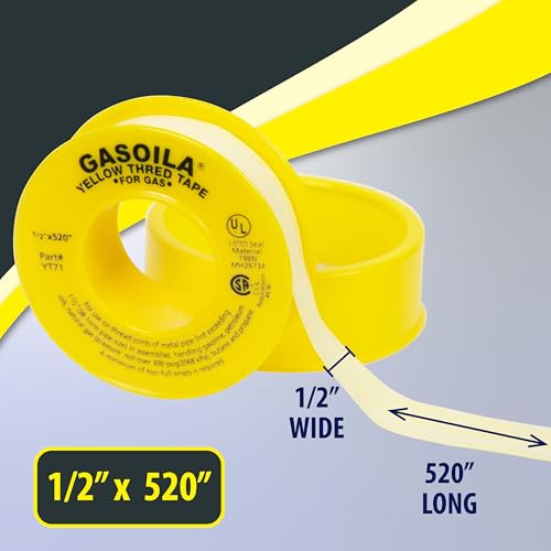 Gasoila Yellow PTFE Thread Seal Tape – Professional-Grade, 1/2 Inch x 520 Inch, High-Density Thread Tape for Gas Lines – Leak-Proof Seal, Non-Toxic - size: 1/2 Inch X 520 Inch Roll- 1 Pack