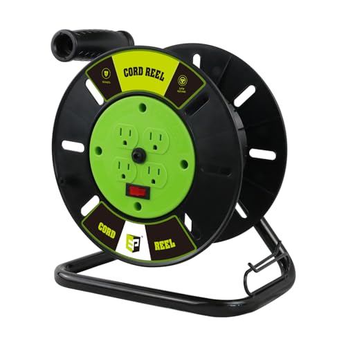 EP Extension Cord Storage Reel with 4-Grounded Outlets, Heavy Duty Open Cord Reel for 12/3 14/3 16/3 Power Cords, Portable Empty Hand Crank Electric Cord Roller Holder, Green - color: Green