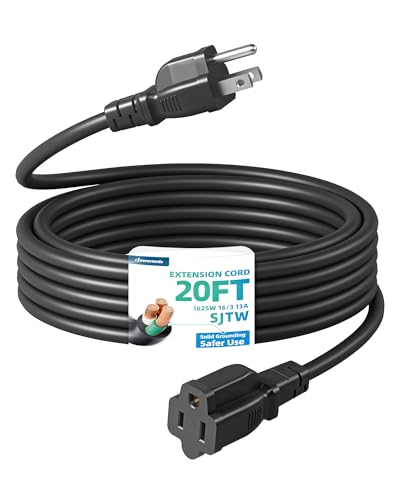 DEWENWILS Extension Cord 20 FT, 3 Prong Waterproof Extension Cable for Indoor Outdoor Appliances, 16/3 SJTW, Black, ETL Listed, 1 Pack - color: Black, size: 20 Feet