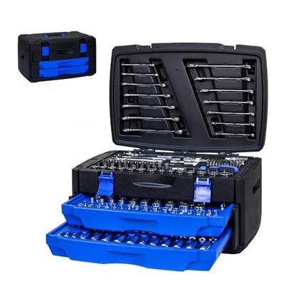 Mechanics Tool Set, 266-Piece General Tool Box with Drawer, Professional Hand Tool Kit for Home Repair & Automotive Maintenance, Durable Storage Case, Blue
