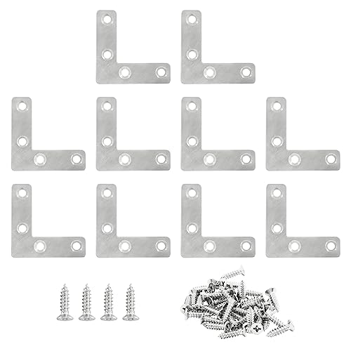 Hordion 10Pcs 2 x 2 Inch L Bracket Corner Brace (50 X 50mm), Stainless Steel Flat Corner Bracket Heavy Duty, Metal L Shaped Support Brace, Right Angle Repair Plates with Screws - size: 2" x 2" (Silver), style: L-Shape