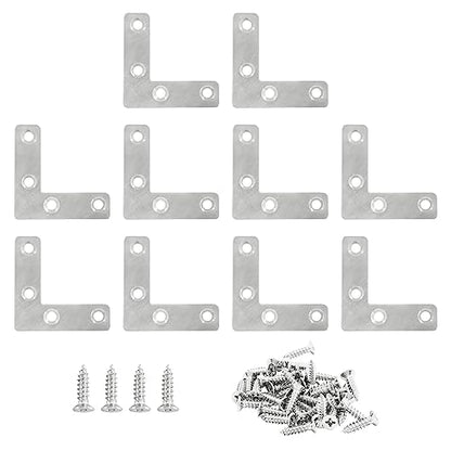 Hordion 10Pcs 2 x 2 Inch L Bracket Corner Brace (50 X 50mm), Stainless Steel Flat Corner Bracket Heavy Duty, Metal L Shaped Support Brace, Right Angle Repair Plates with Screws - size: 2" x 2" (Silver), style: L-Shape