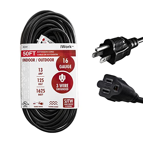 50 Ft Black Extension Cord 3 Prong, Weather-Resistant 16/3 SJTW, 1625 Watt, 13 AMP Rating with UL Listed for Indoor and Outdoor Uses - size: 50-Foot