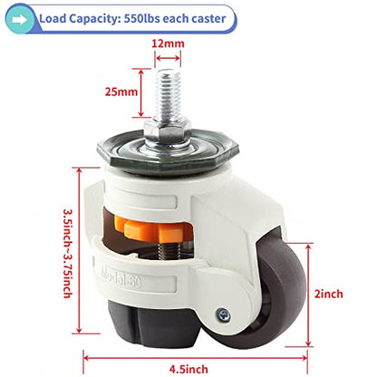 MOLIGOU 4Pcs Leveling Stem Casters, Heavy Duty Workbench Casters, Retractable Leveling Casters for Equipment, Total Load Capacity 2200 Lbs