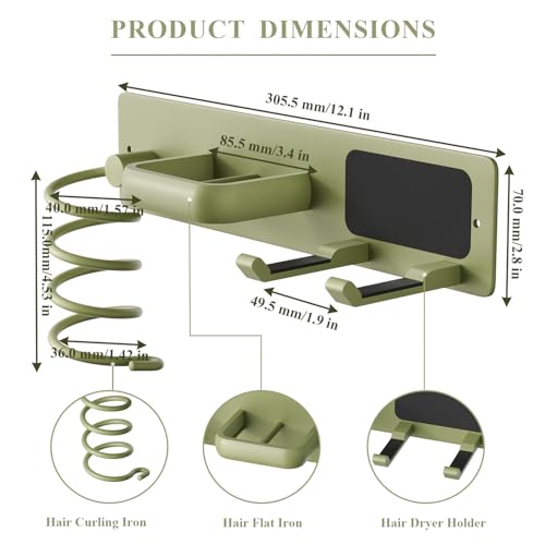 BSICPRO Hair Dryer Holder-3 in 1 Blow Dryer Holder-Metal Bathroom Hair Tool Organizer Wall Mounted-Bathroom Organizer for Hairdryer Curling Iron Flat Iron (Sage) - color: Sage Green