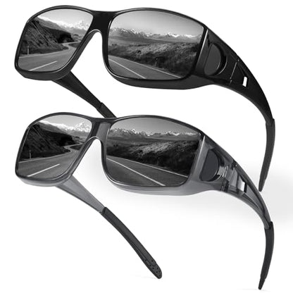 Myiaur Polarized Fit Over Glasses Sunglasses for Men Women, Trendy Wrap Around Sunglasses UV Protection for Driving (2 Pack) - color: A02(2 Pack) Black+transparent Grey