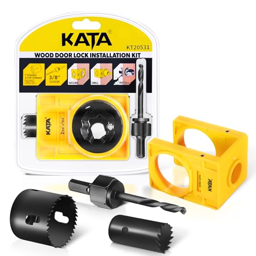 KATA 1-3/8" - 1-3/4" Door Lock Installation Kit with Large Chip-Clearance Slots, Door Lock Hole Saw for Deadbolts and Locksets for Wooden Doors with Guide Template, Carbon Steel - color: Black