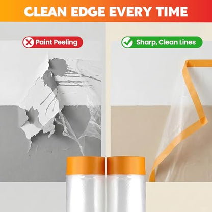 LLPT Tape and Drape 157.5”(Unfolded) x 66 Ft Each 2 Pack Pre-Taped Masking Film 0.27 Mil Painters Plastic Drop Cloth for Auto Wall Furniture Painting Dust Protection (MFT4002) - size: 157.5 Inch x 66 Ft