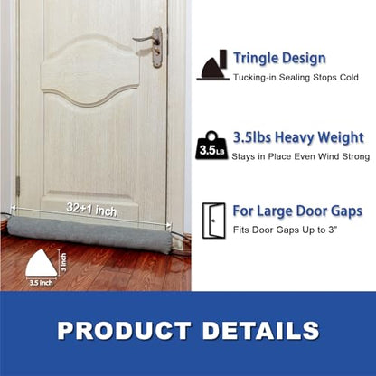 YOUFI 32 Inch Weighted Door Draft Stopper, 3.5lb Heavy Under Door Draft Blocker, Self-Resetting Gap Filler Seal Blocks Cold, Hot Air, Noise, with Non-Slip Bottom, Machine Washable Cover