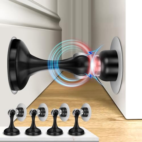 Crosize Magnetic Door Stoppers 4 Pack, Stainless Steel Door Stops for Wall and Floor Mounting, Door Holder Keep Door Open, No Drilling Door Stop with 3D Adhesive Tapes, Black - color: Black, size: 4 Pack