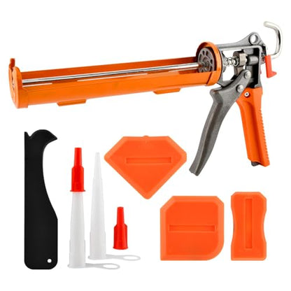 Caulk Gun and Caulk Scraper Kit, Caulking Gun with Caul-k Remover Tool, Sealant Finishing Tool Grout Scraper for Caulking/Filling/Sealing(COLOR:Orange)