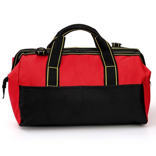 Hiceeden 16 Inch Wide Mouth Tool Bag, Collapsible Tool Tote with Waterproof Coating and Adjustable Strap, Portable Electrician Tool Organizer Handbag with 5 Outside Pockets, Red