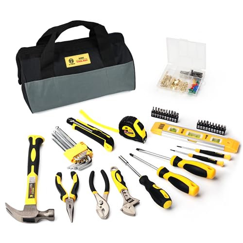 142 PCS Tool Set, Home Repairing Tool Kit with 13-Inch Wide Mouth Open Storage Tool Bag, Portable Home Tool Kit Including Hammer, Screwdriver, and Household Tools