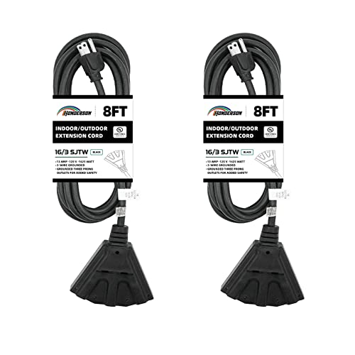 2 Pack 3-Outlets Indoor Outdoor Extension Cord Weatherproof, UL Certified, 16 Gauge 8FT Black 3 Prong Heavy Duty, 16/3 SJTW 13A Power Cord - color: Black, size: 8ft-2pk