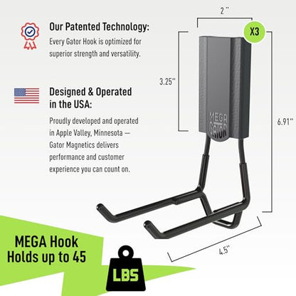 GATOR MAGNETICS MEGA 4.5 in Open Hooks, 45 lb Heavy Duty Magnetic Hooks for Steel Surfaces, Patented Easy-Release, Non-Slip Grip – Storage & Organization, Garage, Home Tools & Gear Storage – 3 Pack - size: 4.5", style: Open