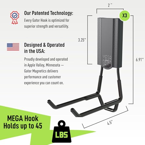 GATOR MAGNETICS MEGA 4.5 in Open Hooks, 45 lb Heavy Duty Magnetic Hooks for Steel Surfaces, Patented Easy-Release, Non-Slip Grip – Storage & Organization, Garage, Home Tools & Gear Storage – 3 Pack - size: 4.5", style: Open