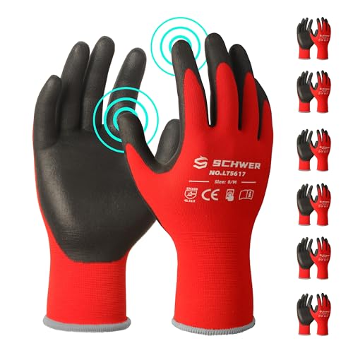 Schwer Ultra-Comfort Safety Work Gloves MicroFoam Nitrile Coated, Seamless Knit Nylon Glove for Men and Women, 6/12 Pairs, Abrasion Resistant, Non Slip, Breathable, LT5617, M - color: Red, size: Medium