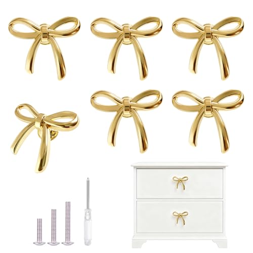 Gold Cabinet Knobs, Brushed Bow Drawer Pulls, Gold Knobs for Dresser Drawer Cupboard Furniture Closet Wardrobe Door Knobs Handles (Bow Shape- 6 Pack) - style: Bow Shape- 6 PACK