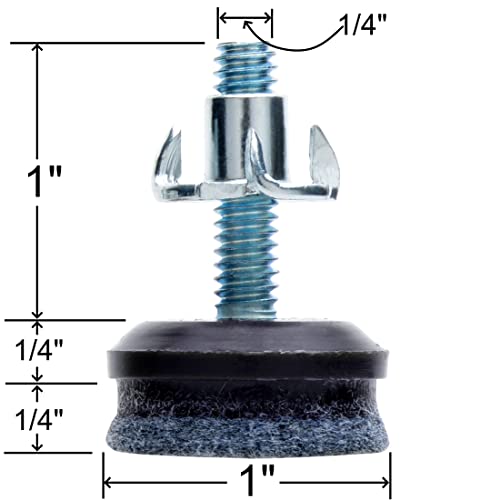 Medium Duty Felt Furniture Levelers - 1/4" Threaded Shank w/T-Nuts - Brown Plastic w/Grey High Density Felt - 400 Lb. Total Capacity - Adjusts from 0" to 3/4" - Set of 4